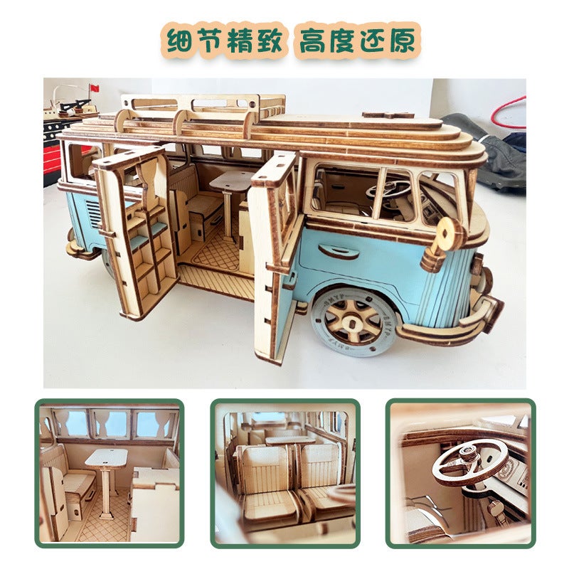 European-Style Wooden Puzzle Camper Wooden Car Model Children'S Hand-Assembled 3D Building Blocks Educational Toys - Image 2